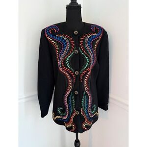 Vintage Diane Freis Knits Merino Wool Beaded Ribbon Cardigan Jacket Black L XL